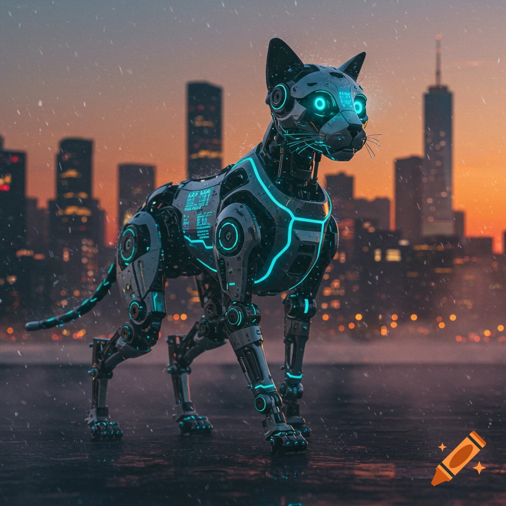 A sleek, black and blue glowing robotic cat stands in the rain against a city skyline at sunset.