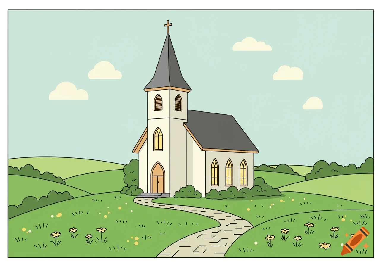 A cartoon-style white church with a tall steeple and a cross, nestled in green rolling hills with a path leading to its entrance, under a light blue sky with white clouds.