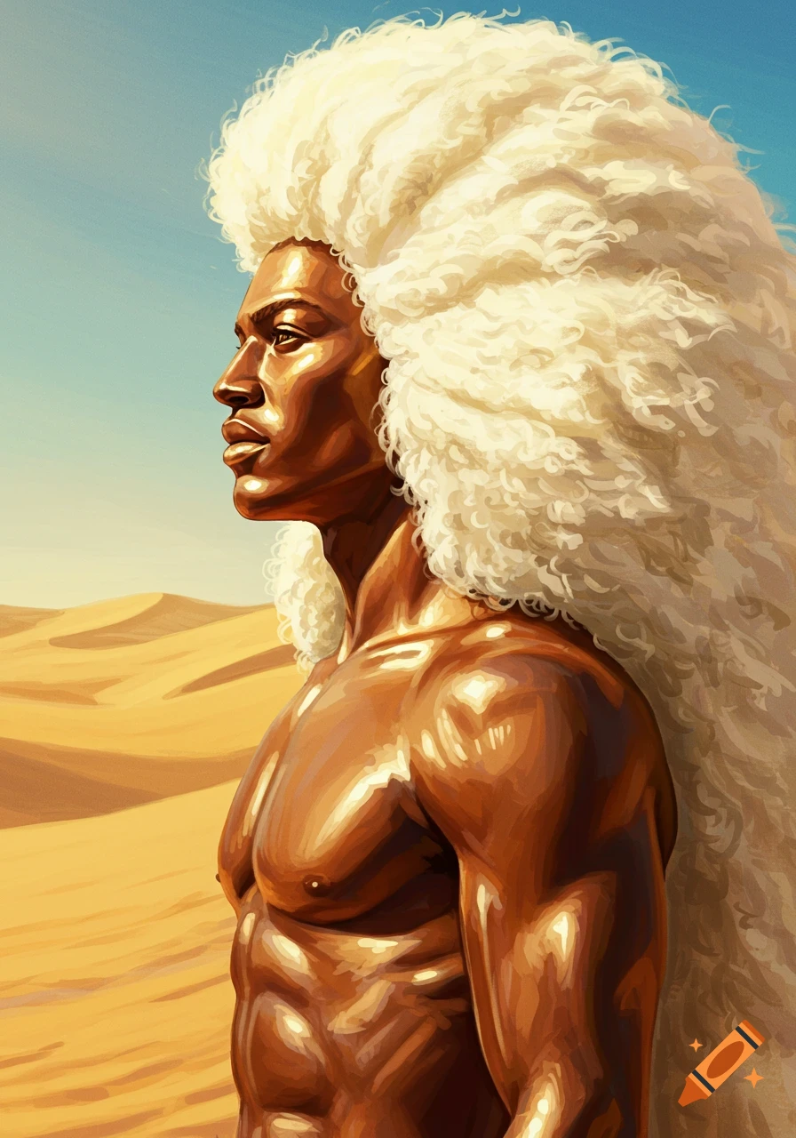 Stylized illustration of a muscular man with bronze skin and voluminous white hair in a sunny desert.
