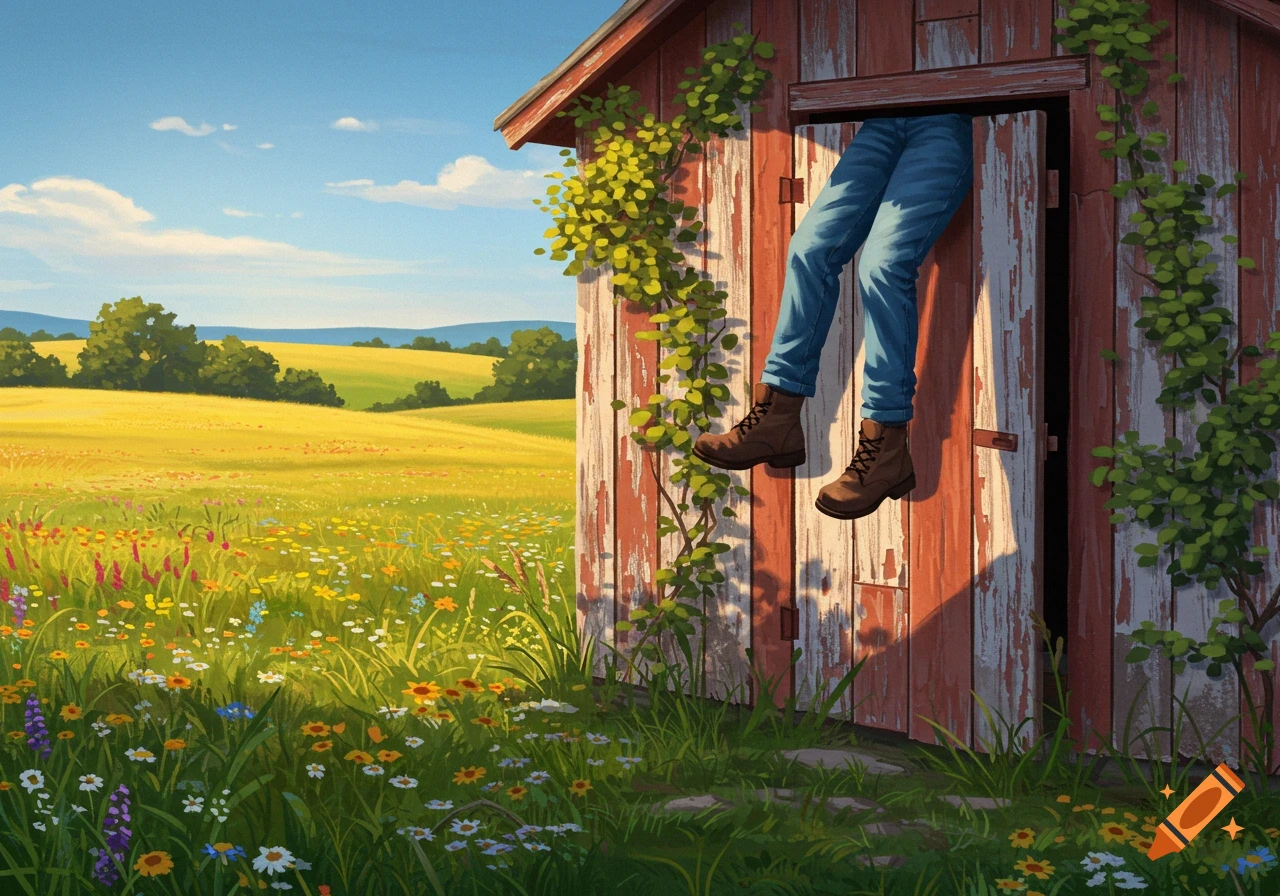 A pair of legs in blue jeans and brown boots hangs out of an old red shed door in a sunny wildflower field. Illustrative style.