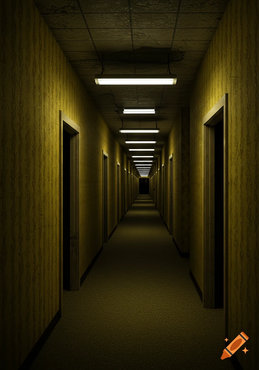 A long, dark, yellow-walled hallway with many open doors and a long row of fluorescent lights stretching into the distance.
