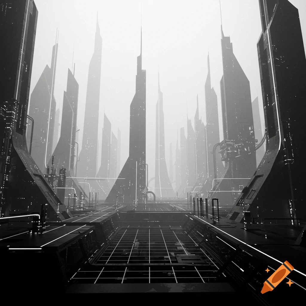 Black and white futuristic cityscape with tall, angular buildings and a grid-like foreground.
