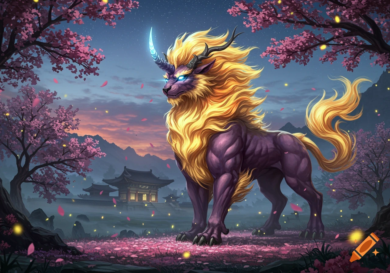 A majestic purple Haetae with a golden mane and glowing blue horn stands in a cherry blossom garden with traditional Asian buildings at dusk.