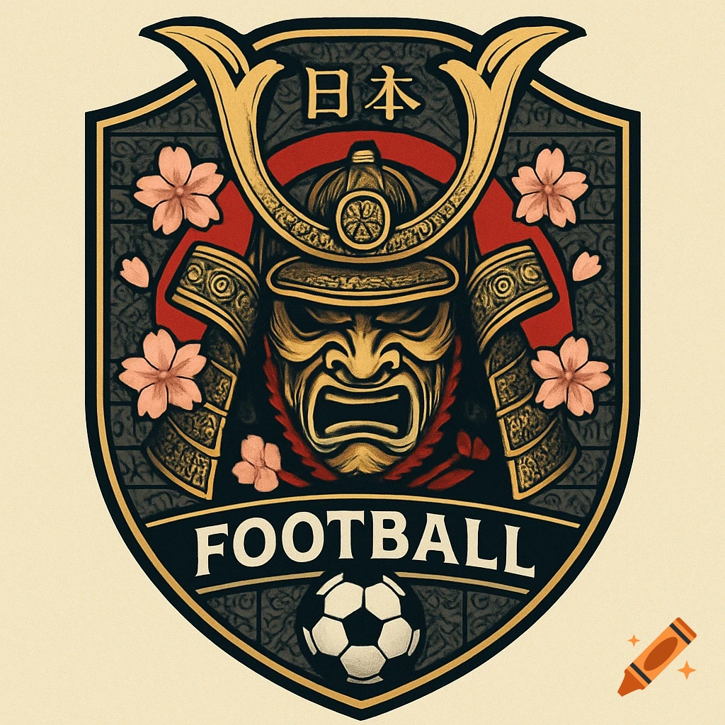 A Japanese-themed football badge featuring a samurai mask, cherry blossoms, and a soccer ball, with the word 'FOOTBALL' and Japanese characters.