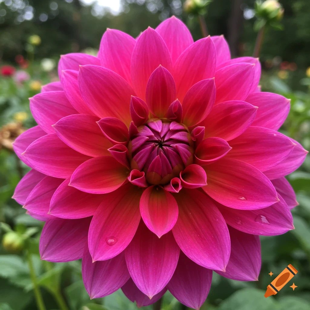 Close-up of a vibrant pink dahlia flower with a darker center and water droplets on its petals.