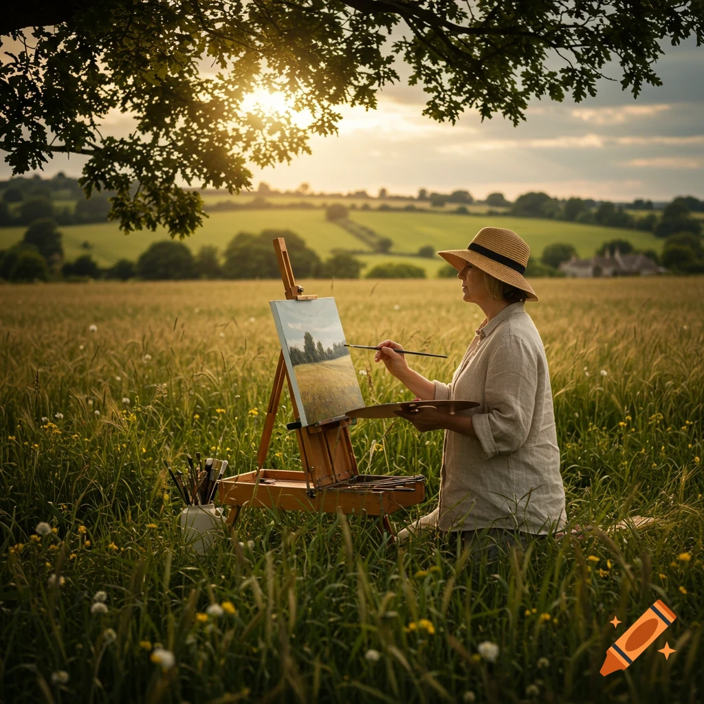 A person in a straw hat paints a landscape on an easel in a sunlit grassy field at sunset, with rolling hills.