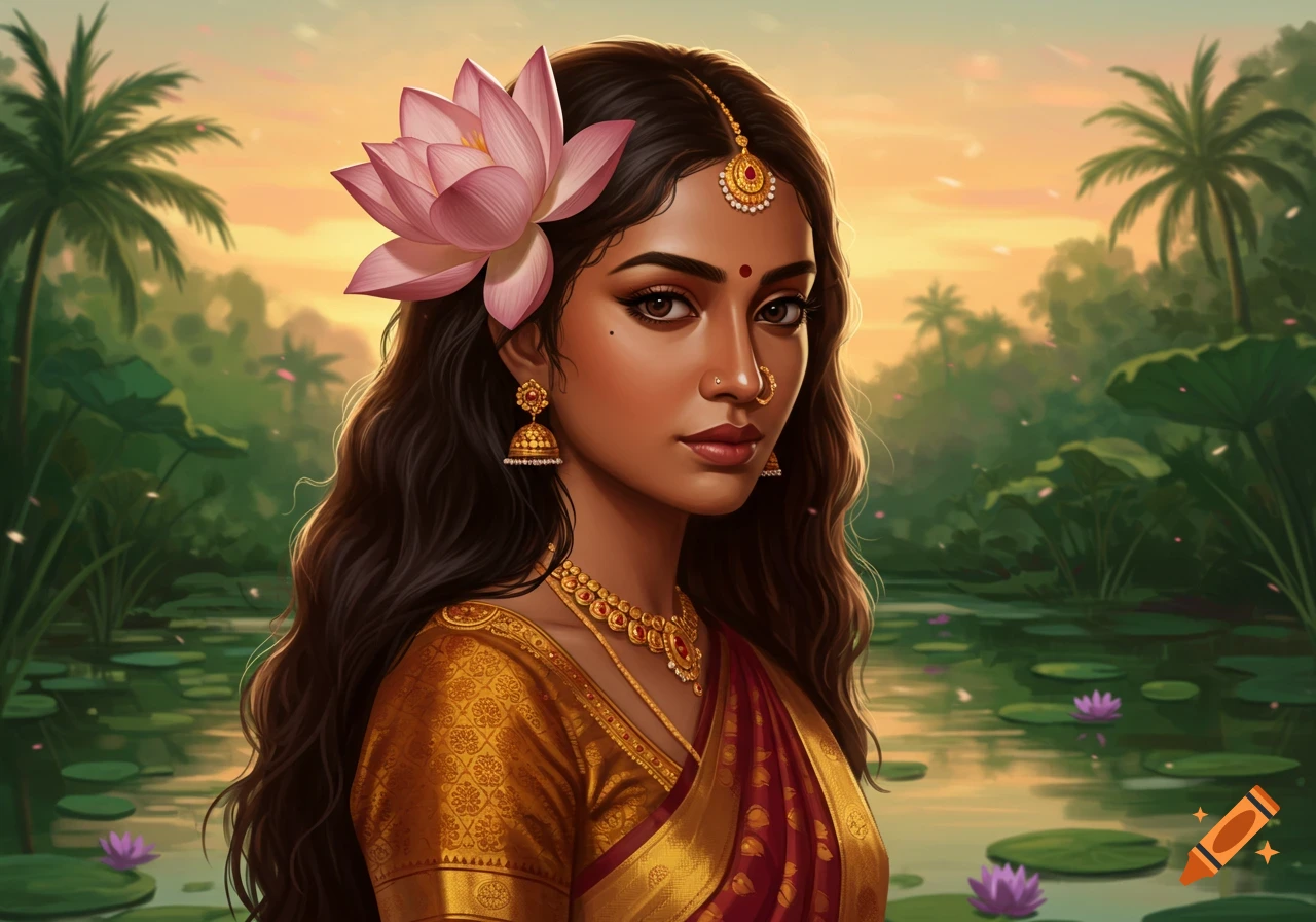 Illustrated portrait of a South Indian woman with a lotus in her dark, wavy hair, against a backdrop of palm trees and a serene lake at sunset.