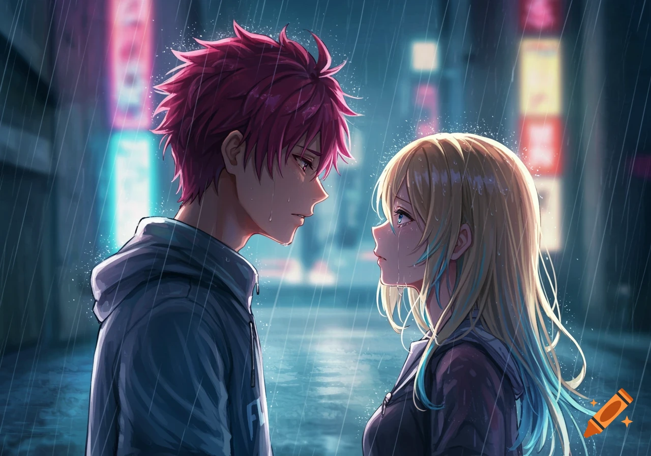 Anime couple, a boy with pink hair and a girl with blonde hair, look at each other sadly in the rain on a city street.
