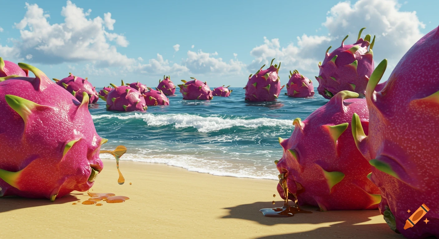 Ultra-realistic, surreal beach scene with giant pink dragon fruits making up the ocean, rolling onto the golden sand under a blue sky.