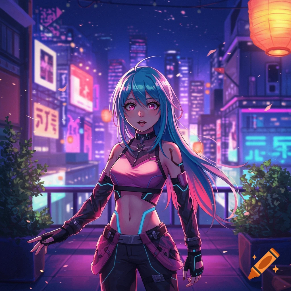 Anime girl with blue hair and pink outfit standing in a neon-lit cyberpunk city at night.