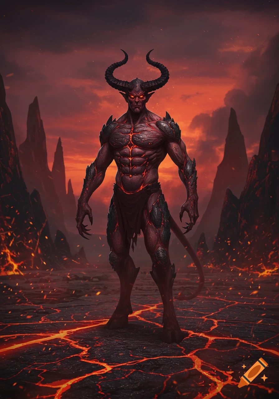 A muscular, horned devil with glowing red eyes stands in a fiery volcanic landscape under a red sky, digital art.