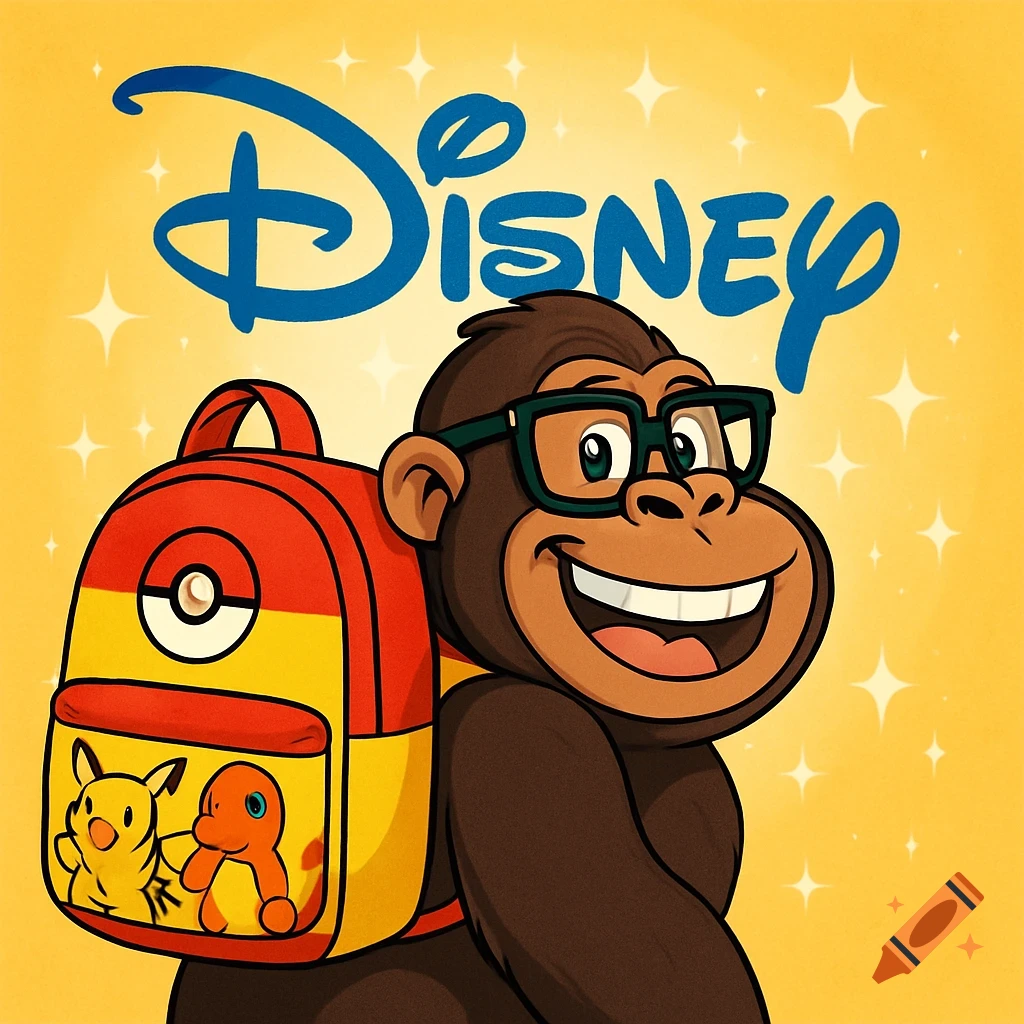 A smiling cartoon gorilla wearing glasses and a Pokemon backpack, with a sparkling blue Disney logo in the background.
