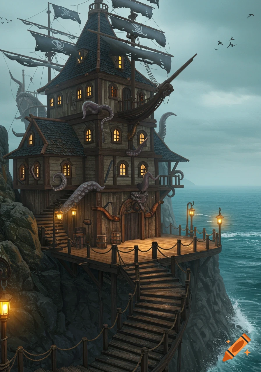A fantastical pirate house built into a cliff overlooking the ocean, with kraken tentacles and pirate flags.