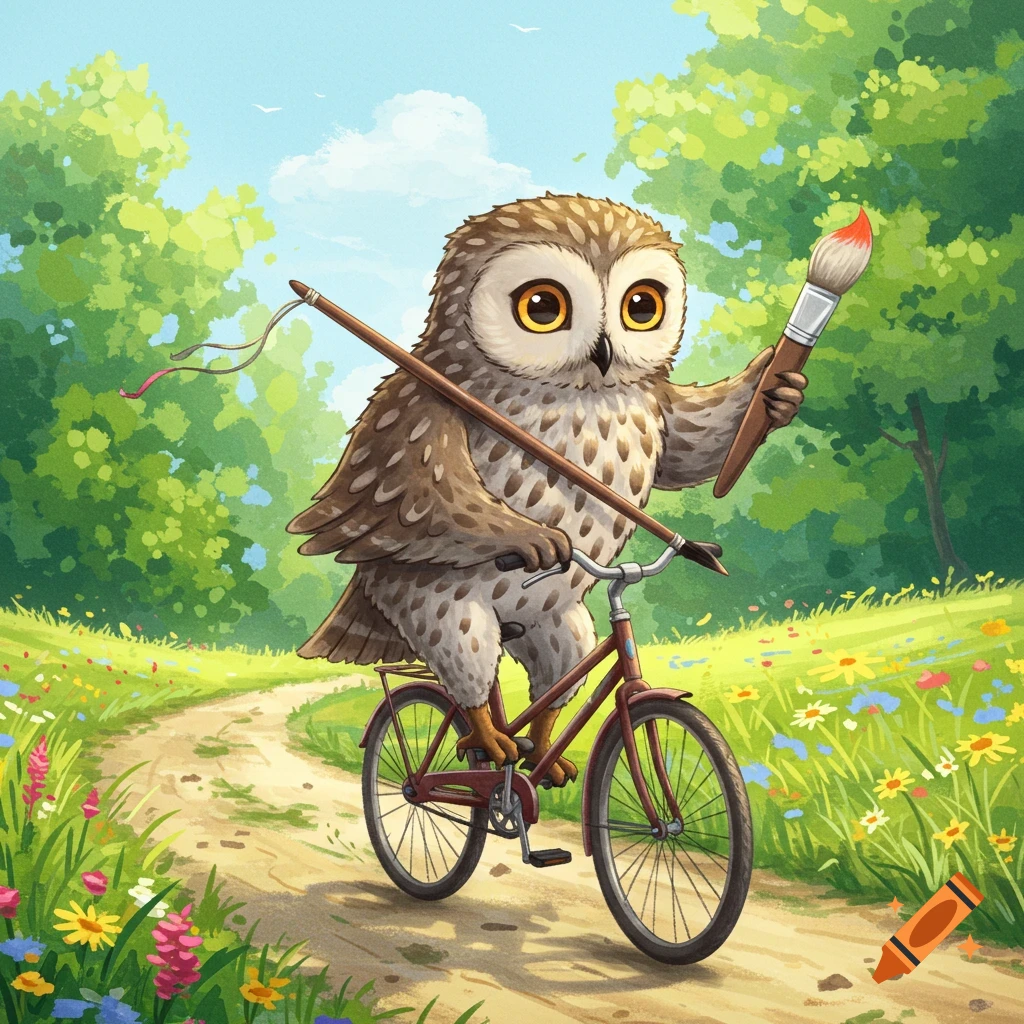 A whimsical cartoon owl rides a bicycle on a dirt path in a green forest, holding a long stick and a red-tipped paintbrush.