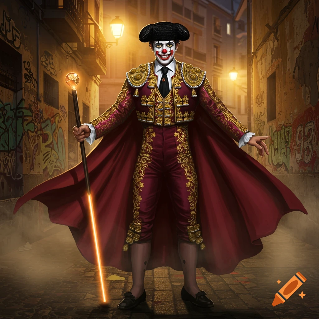 A clown-faced man in a red and gold matador suit holds a glowing staff in a graffiti-covered alley at night.