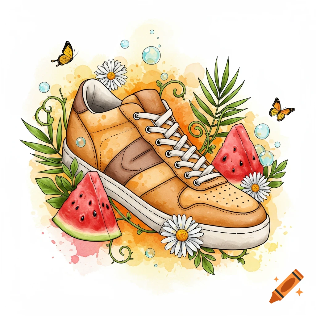 Watercolor illustration of a brown and orange sneaker surrounded by watermelon slices, daisies, leaves, and butterflies.