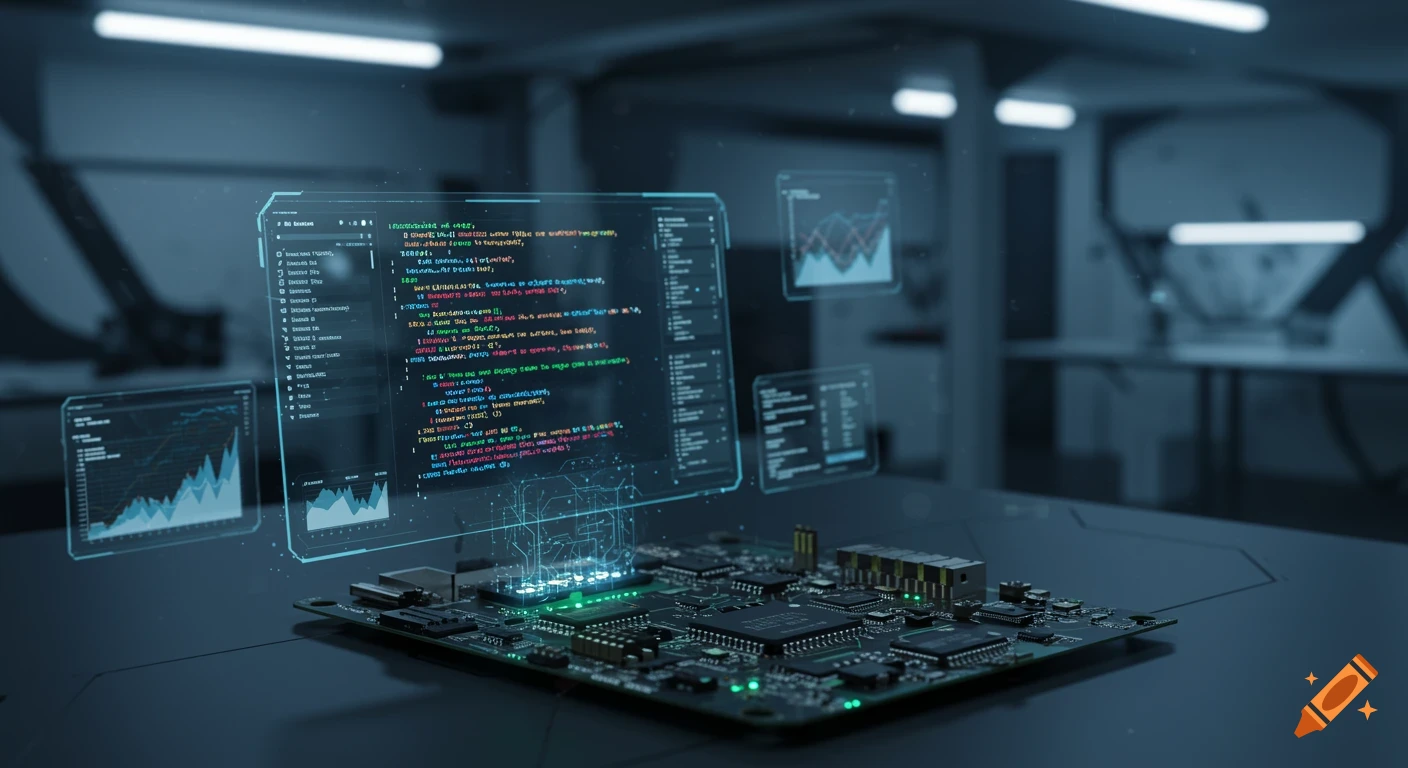 Close-up of a futuristic circuit board with glowing green lights, connected to holographic screens displaying code and data graphs.