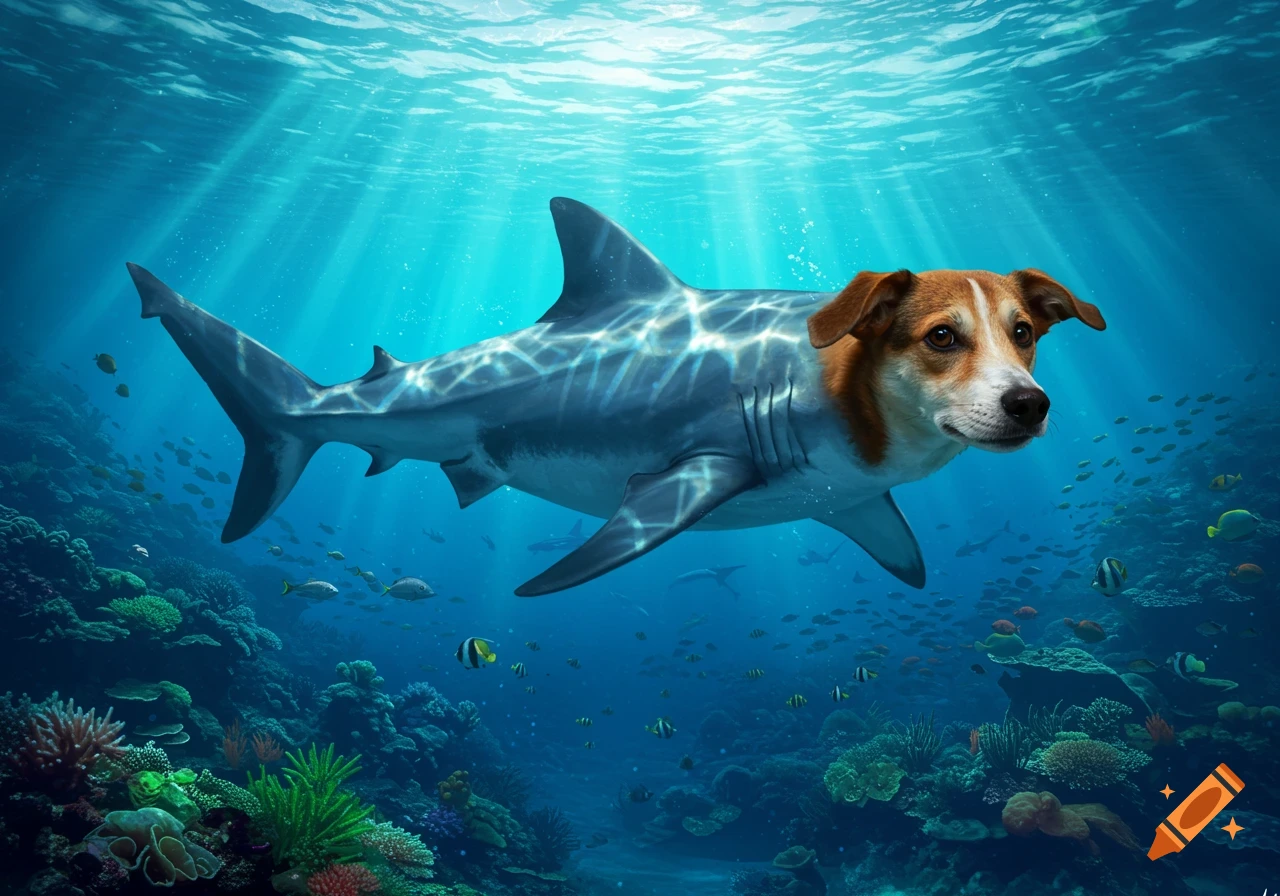 A photorealistic image of a shark with a dog's head swimming underwater above a coral reef, with sun rays piercing the surface.