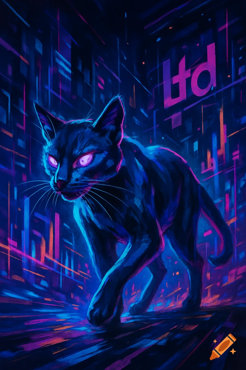 A black cat with glowing pink eyes walks through a neon cyberpunk cityscape with abstract light trails and the word 'Ltd' visible.