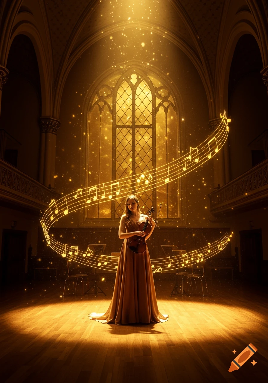 A woman in a flowing gown holds a violin in a grand, golden-lit concert hall with magical floating musical notes.
