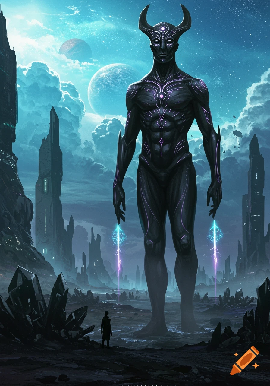 A towering, dark, horned humanoid figure with glowing purple patterns stands over a small human in an alien landscape with futuristic structures and planets in the sky.