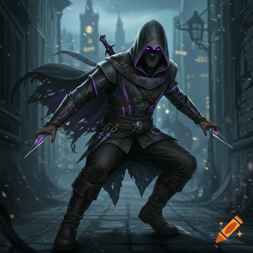 A dark fantasy illustration of a hooded assassin with glowing purple eyes and daggers, crouched in a snowy alleyway.