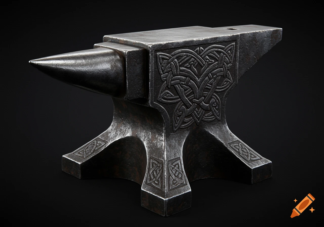 A hyper-realistic blacksmith's anvil decorated with intricate ancient Celtic knot designs on a black background.