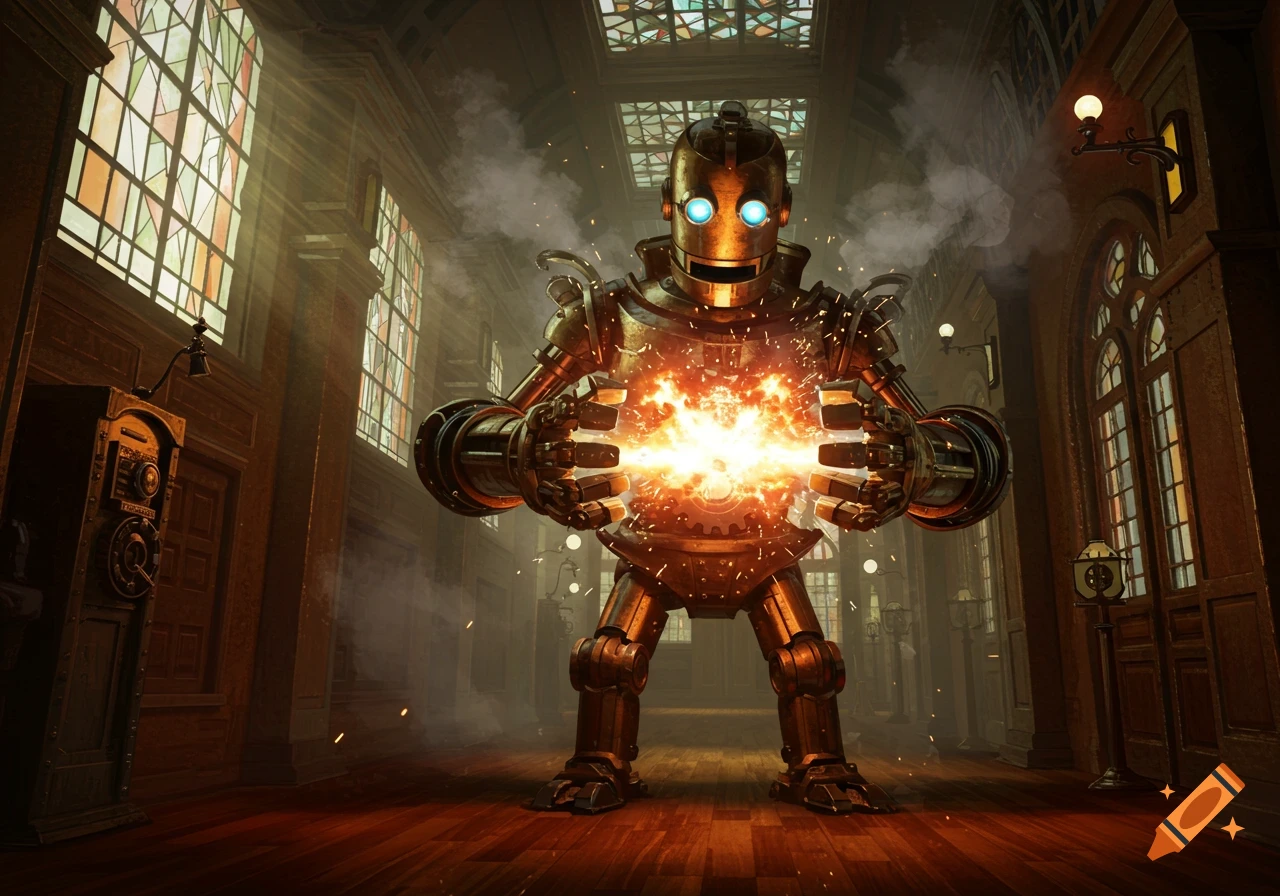 A detailed steampunk robot with glowing blue eyes holds an exploding gear in a grand hallway with stained glass windows.