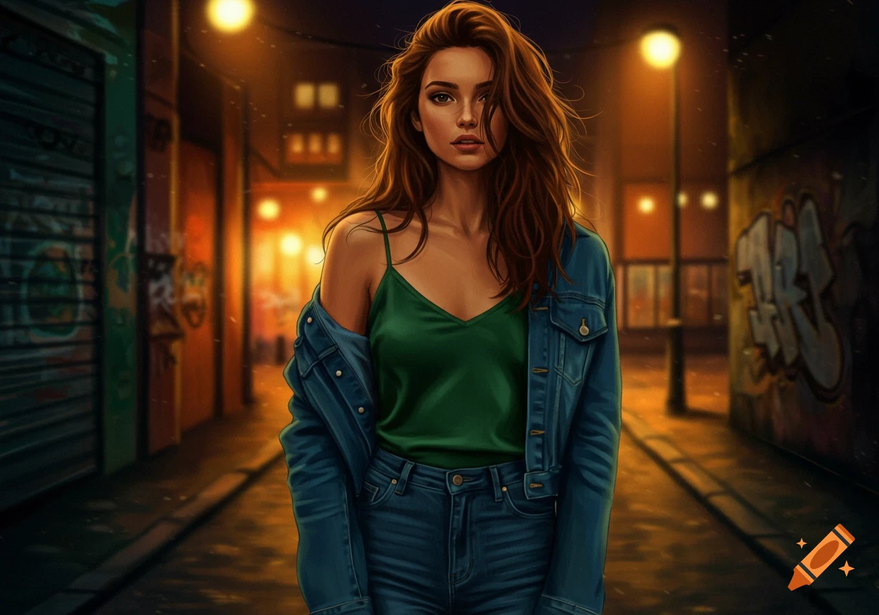 A young woman in a green camisole, blue jeans, and denim jacket stands in a dimly lit urban alley, digital art.
