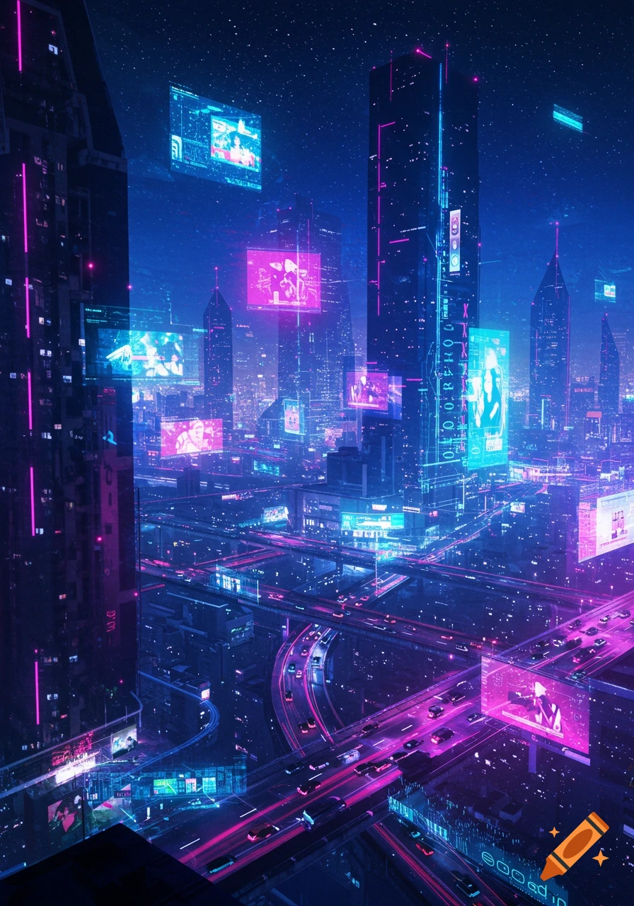 A vibrant, futuristic cityscape at night, illuminated by neon pink and blue lights. Tall skyscrapers and complex elevated highways with glowing car trails fill the frame.