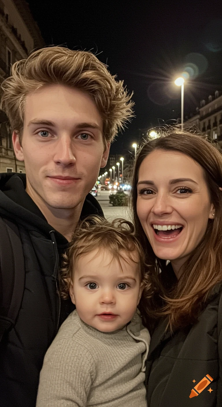 Close-up selfie of a young couple and their toddler smiling at night under streetlights.