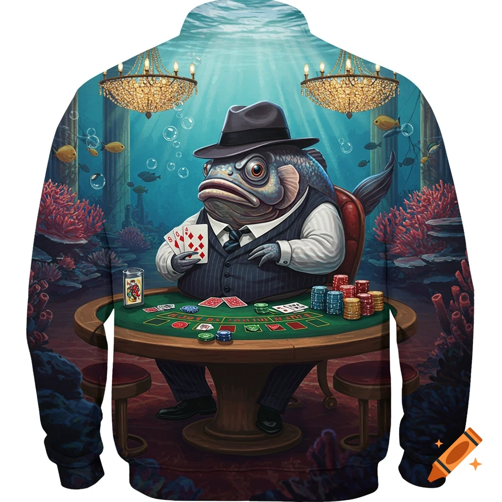 A cartoonish fish in a suit and fedora plays poker at an underwater table, surrounded by coral and chandeliers.
