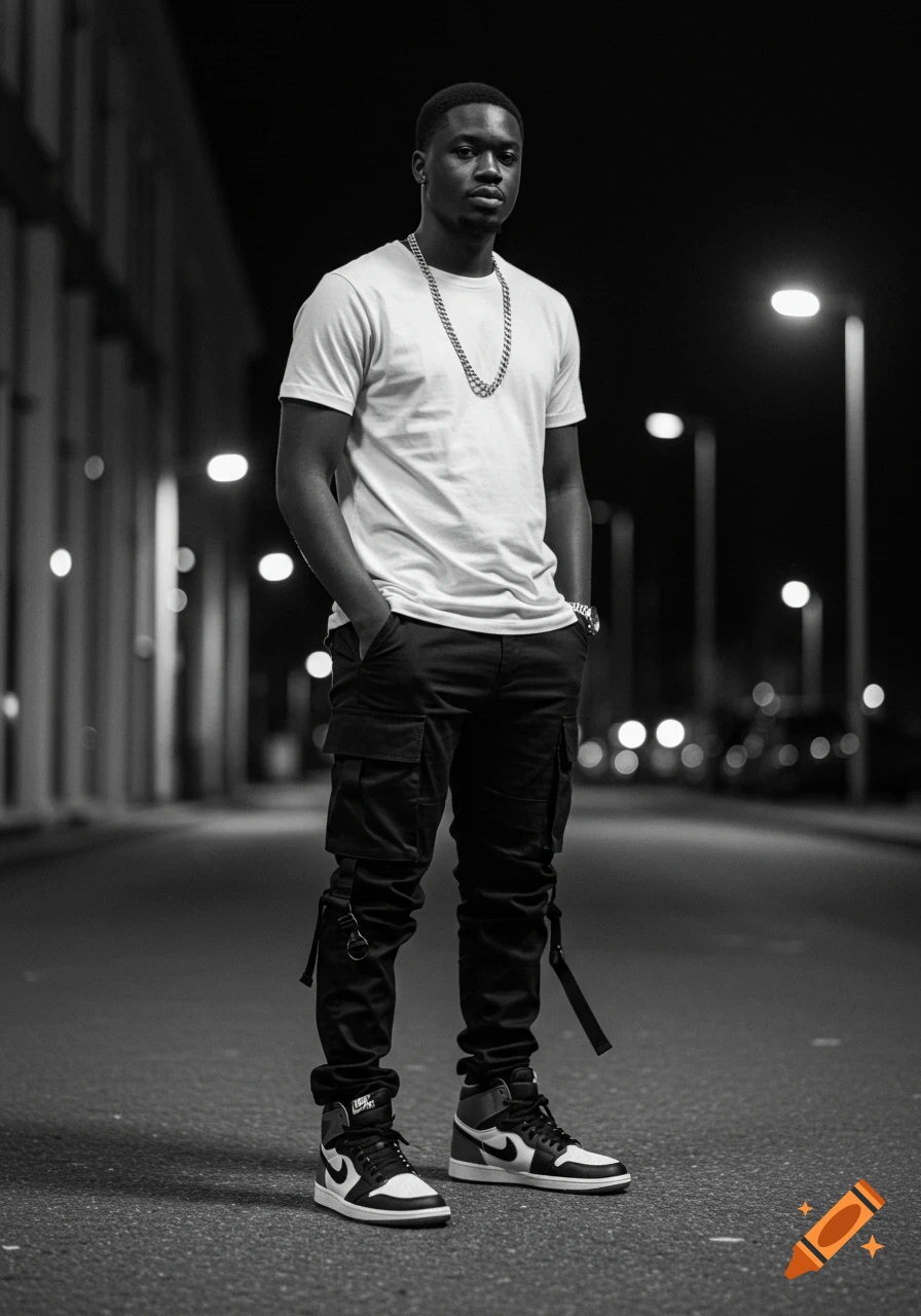 Photorealistic image of a man in a white t-shirt, black cargo pants, and Jordan sneakers, standing on a street at night.