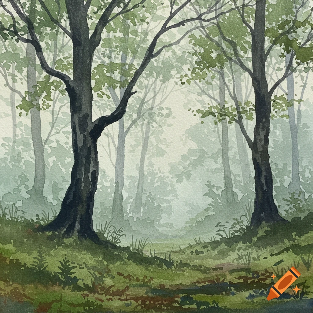 A watercolor painting of a foggy forest with tall trees and green foliage on the ground.