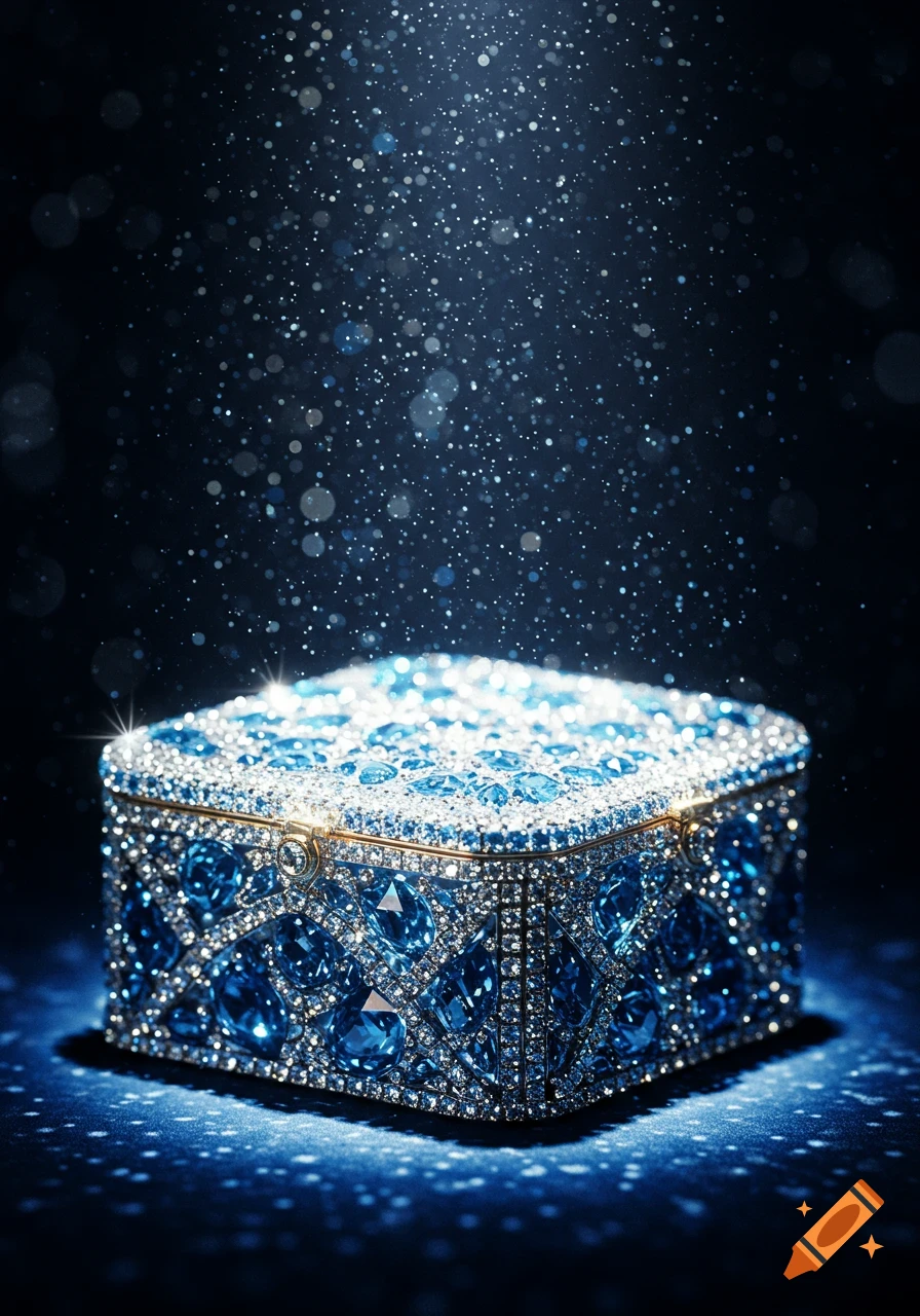 A shimmering, ornate diamond and sapphire encrusted jewelry box under a cascade of sparkling light.