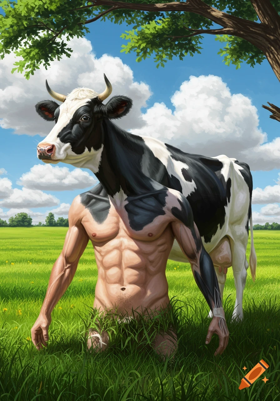 A muscular human torso with a Holstein cow's head stands in a grassy field under a blue sky.