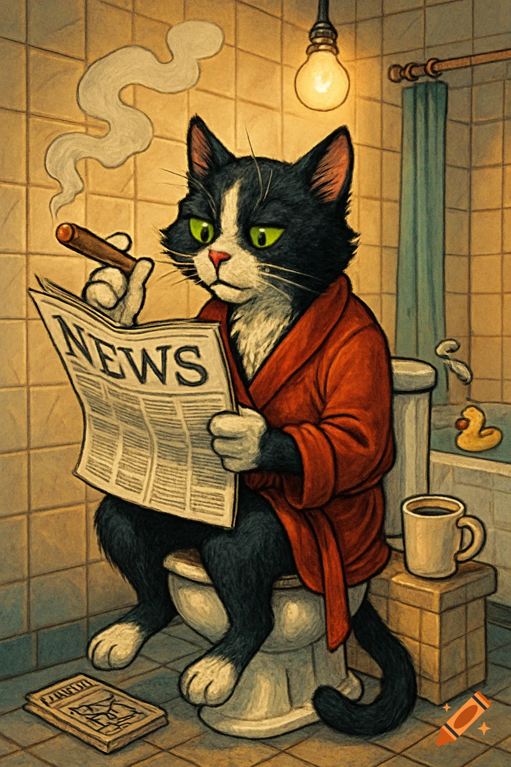 A black and white cat in a red robe sits on a toilet, smoking a cigar and reading a newspaper in a tiled bathroom. Illustrated.