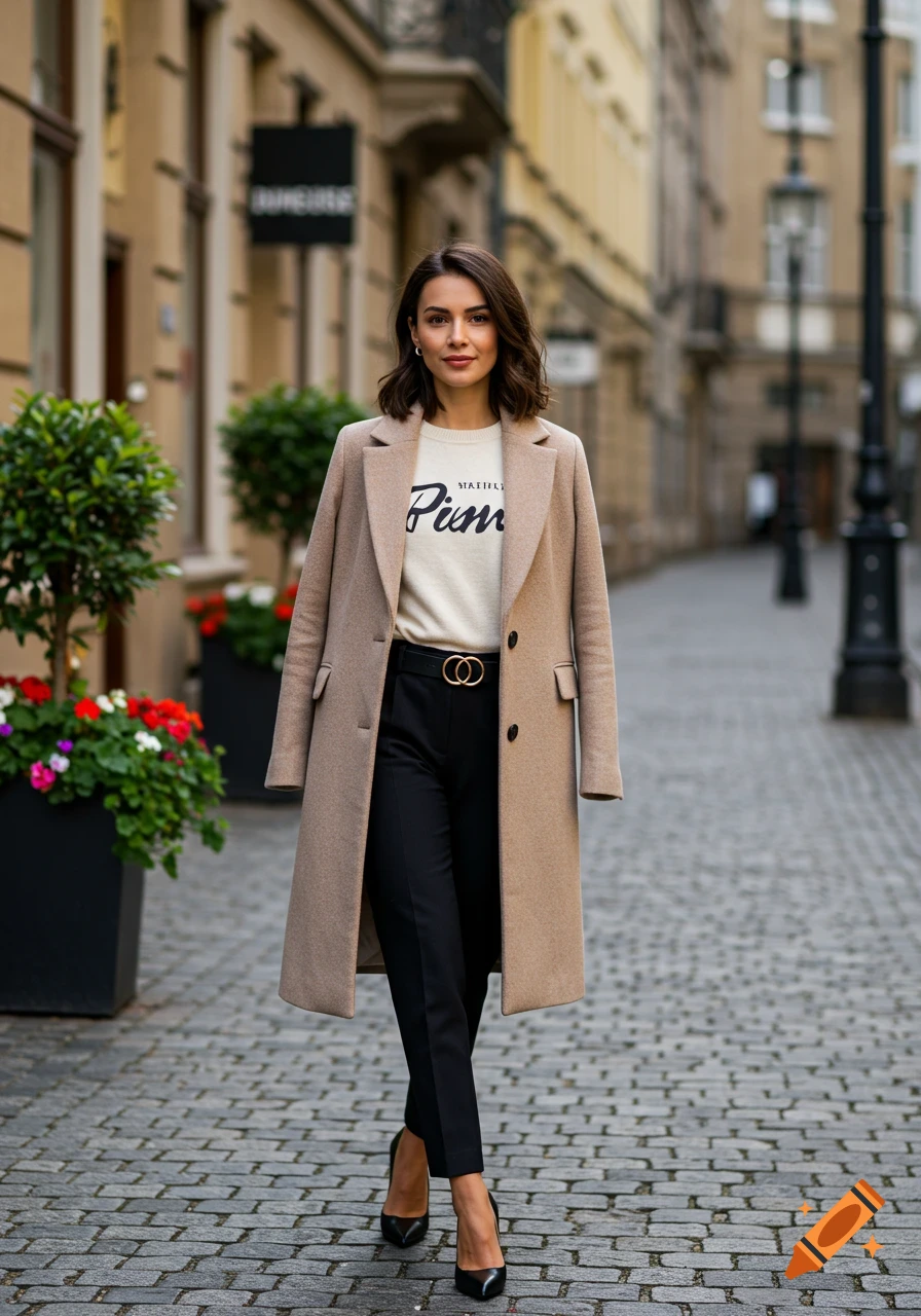 A stylish woman in a beige coat and black pants walks on a cobblestone street with buildings and potted plants.