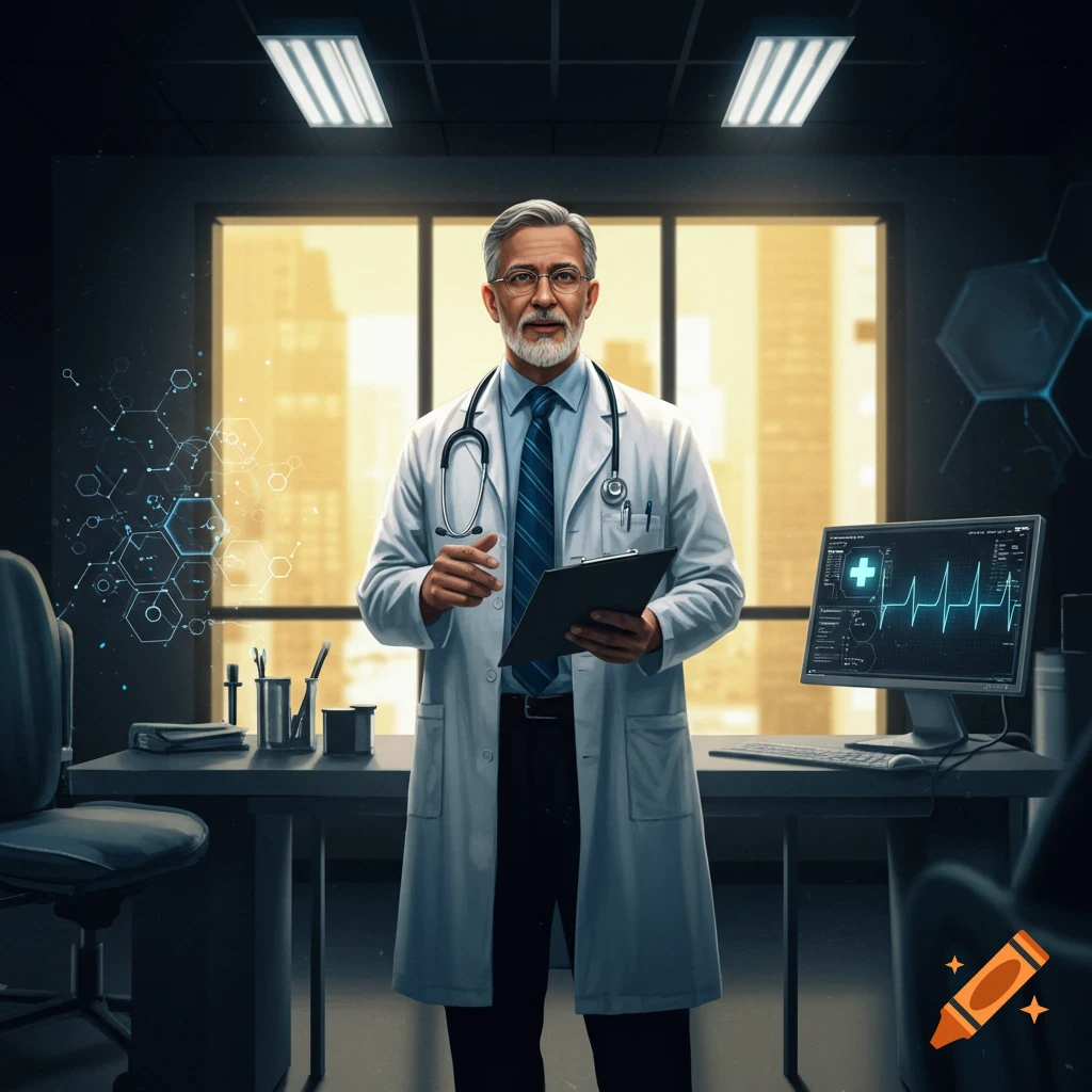 A photorealistic depiction of a male doctor in a white coat holding a clipboard, standing in an office with a city view and a monitor displaying medical data.