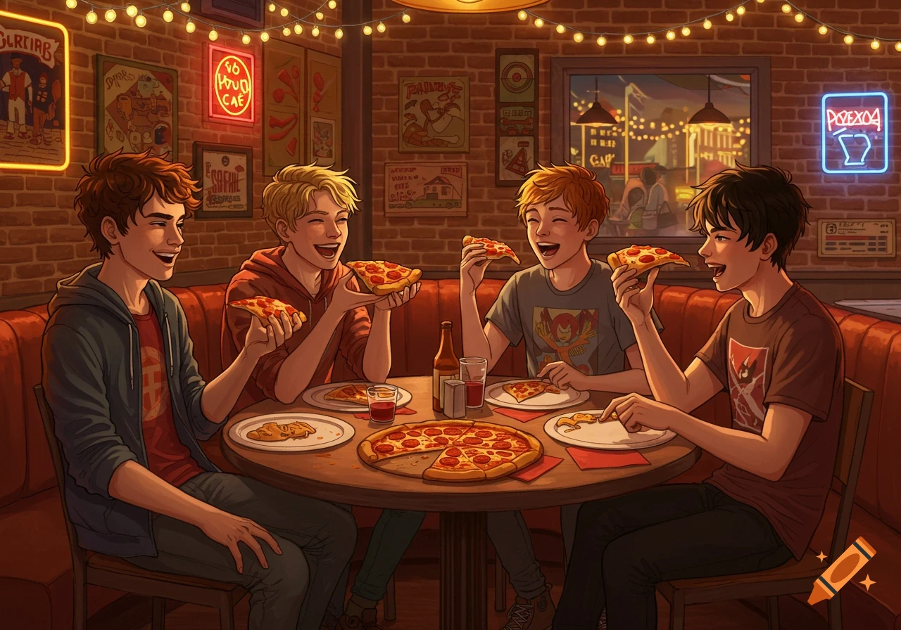 Four happy teenage boys laughing and eating pizza at a table in a cozy, string-lit restaurant, illustrated in an anime style.