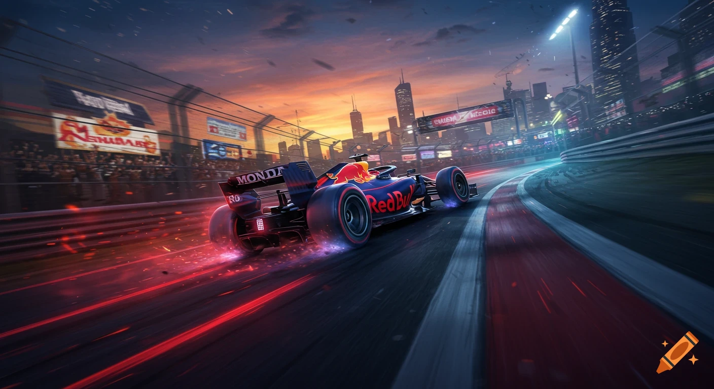 An F1 Red Bull racing car speeds around a track at sunset, with a city skyline in the background.