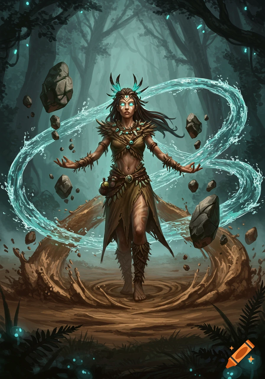 A powerful female shaman with glowing eyes stands in a dark forest, manipulating water, mud, and floating rocks around her.