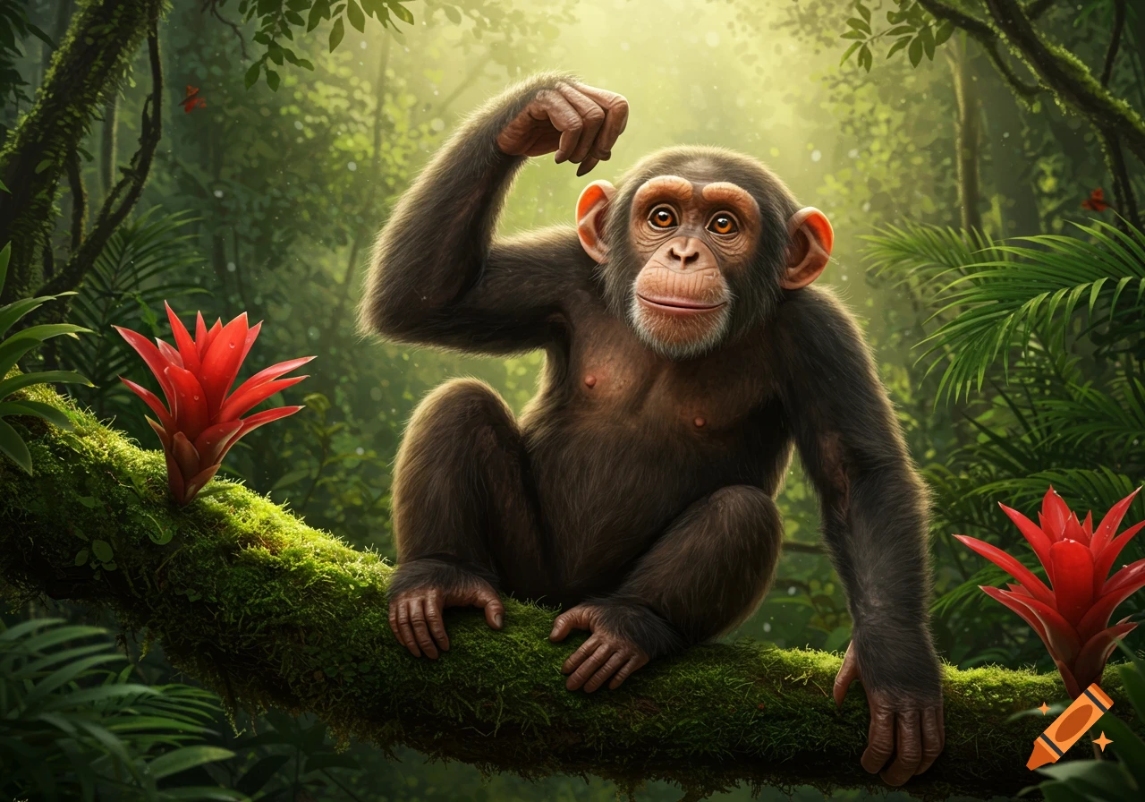 A photorealistic illustration of a chimpanzee sitting on a mossy tree branch in a sunlit jungle, raising one arm.