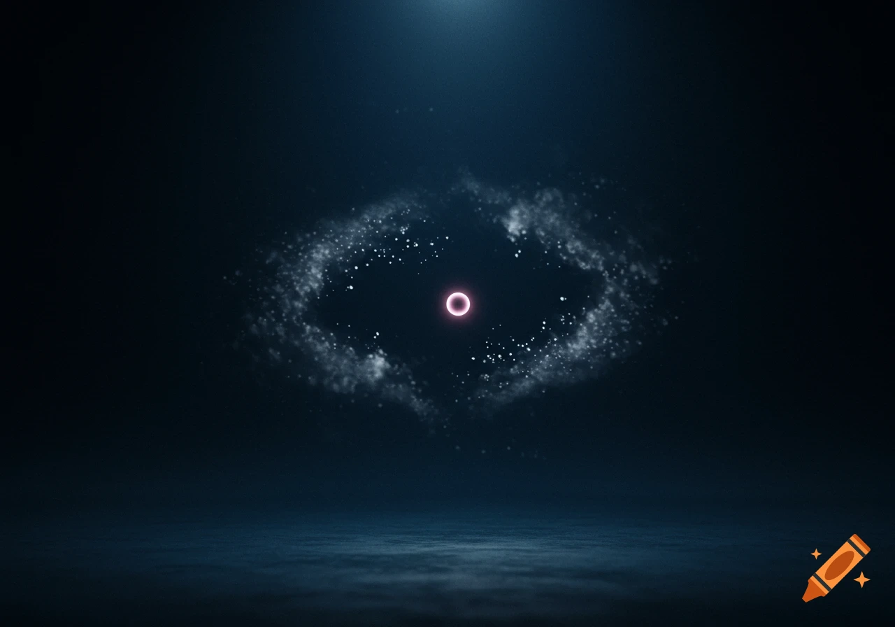 A glowing pinkish-purple orb surrounded by swirling white particles in a dark, ethereal space.