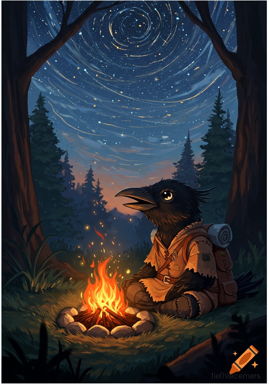 A cute, black-feathered crow person in robes sits by a campfire in a dark forest, looking up at a starry, swirling night sky.