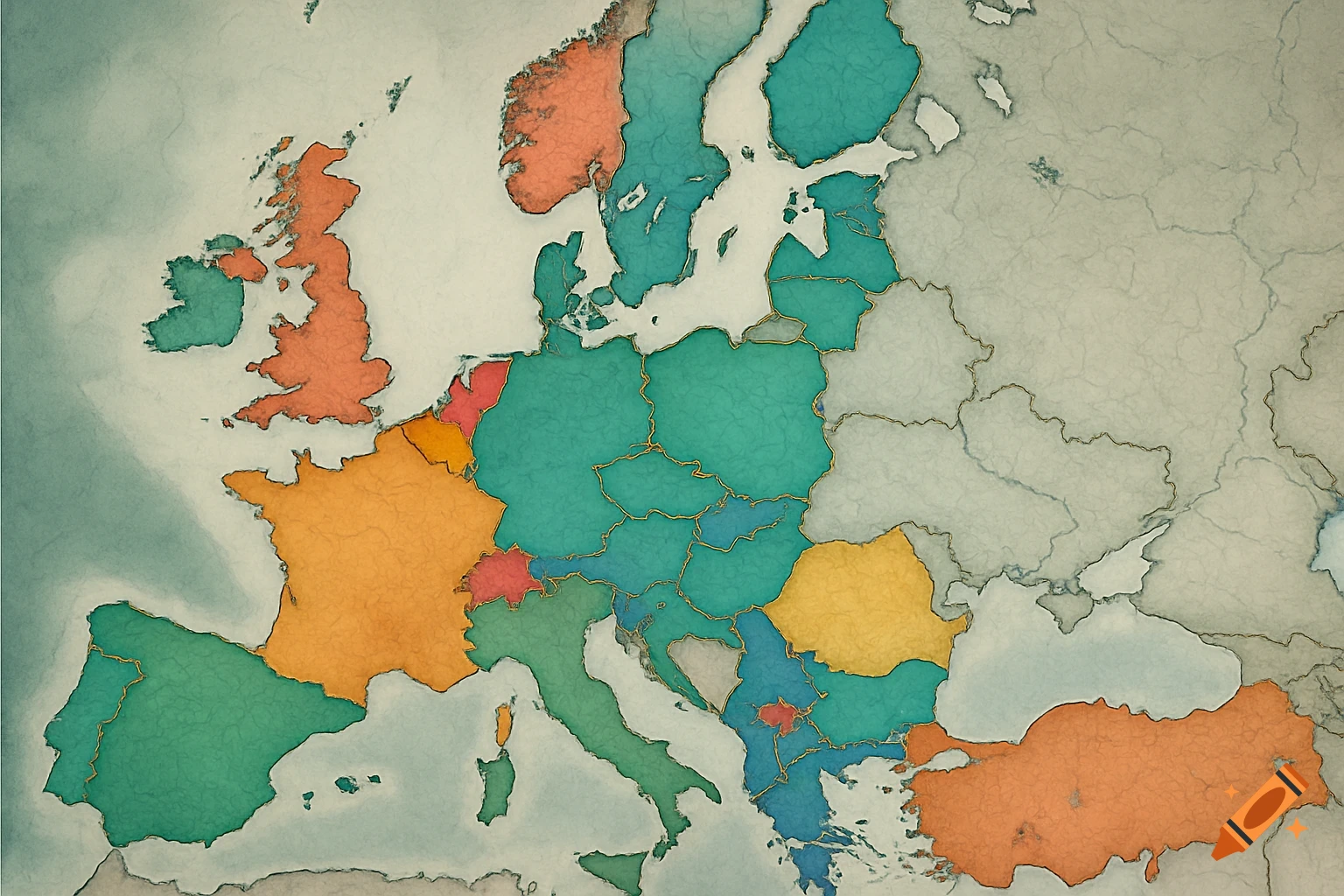 A colorful, textured map of Europe with various countries highlighted in different colors like orange, green, red, and blue.