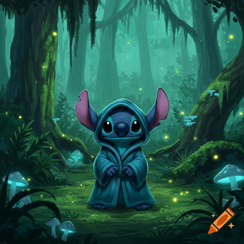 Stitch from Disney's Lilo & Stitch wearing a blue robe with the hood up, standing in a magical, glowing green forest with luminous mushrooms.