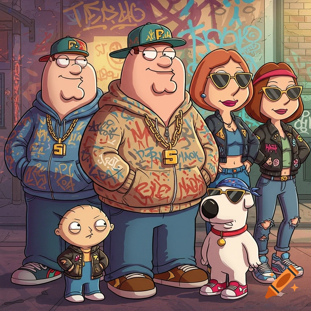 The Family Guy cast, including Peter, Lois, Meg, Stewie, and Brian, dressed in hip-hop style clothing with hoodies, gold chains, and backward hats, standing in front of a graffiti-covered wall.