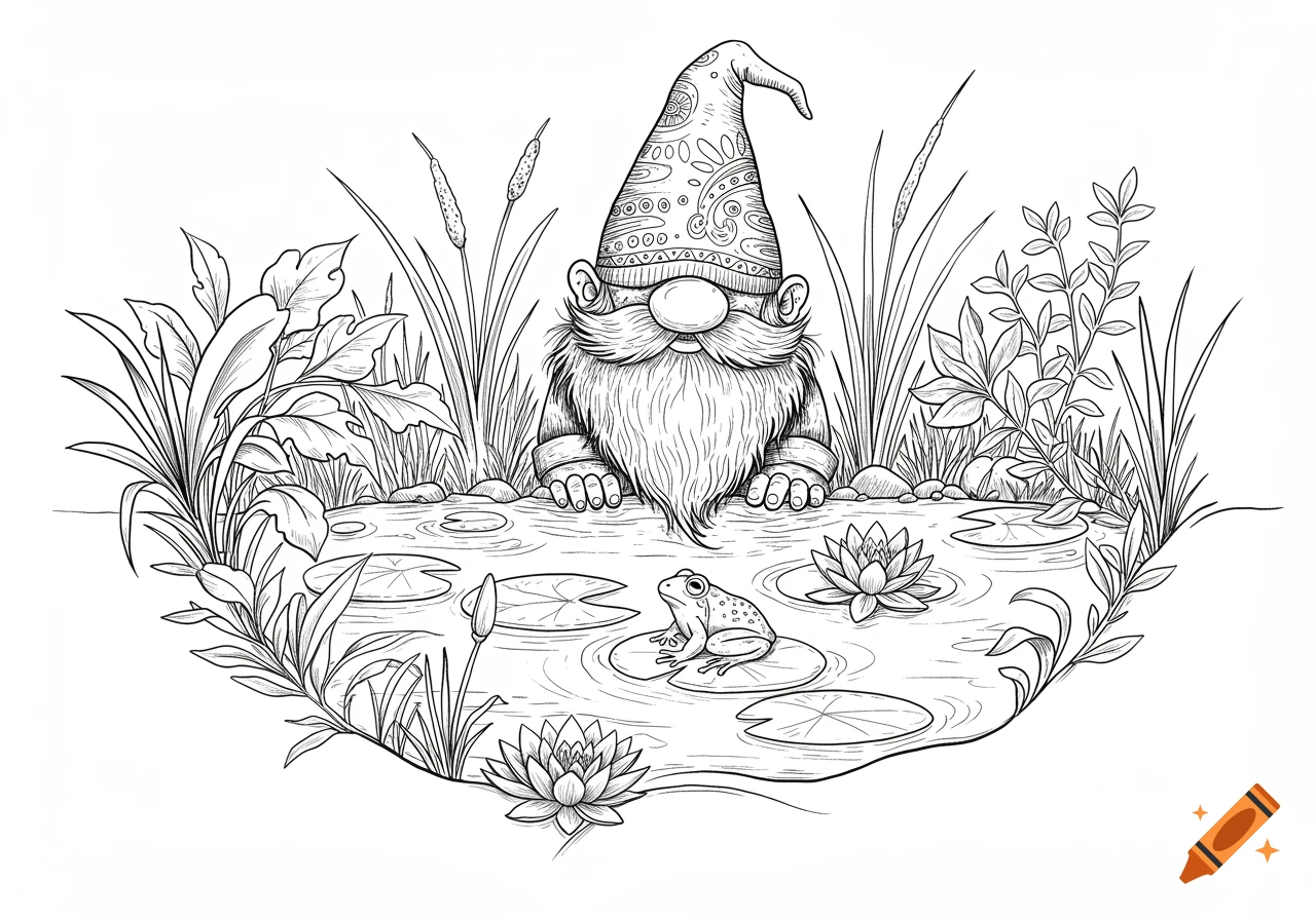 Black and white illustration of a gnome peeking over a pond with lily pads and a frog, surrounded by cattails and plants.