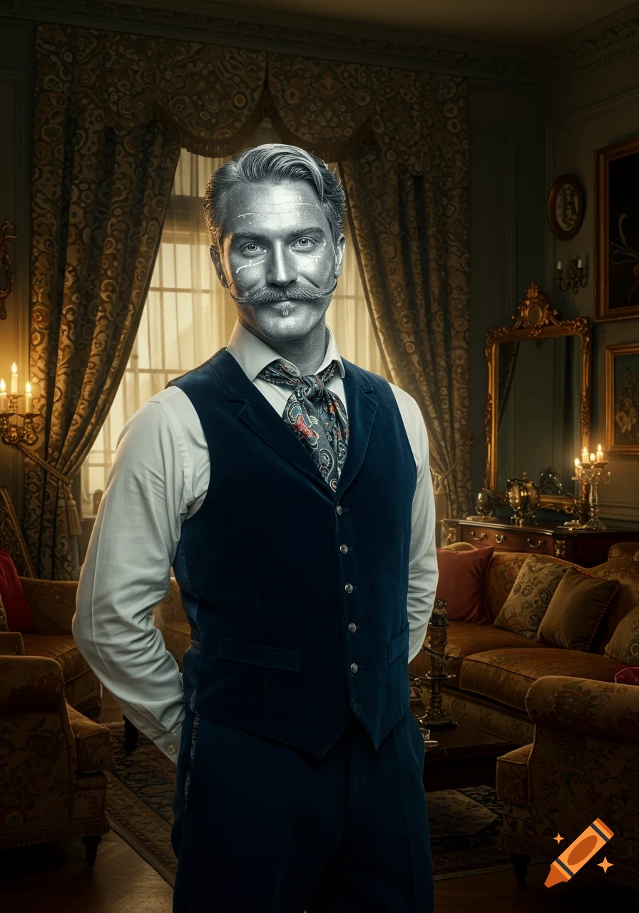 Photorealistic portrait of a dapper man with a large mustache and silver-colored face, wearing a velvet waistcoat and patterned cravat in a luxurious room.